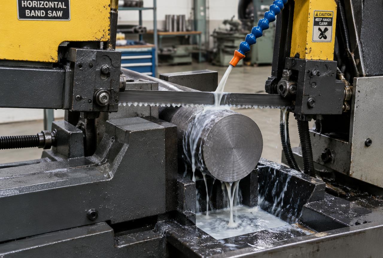 Band saw cutting steel bar stock for CNC machining blanks
