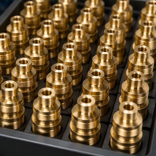 Repeat-batch precision brass parts — illustrative machining image