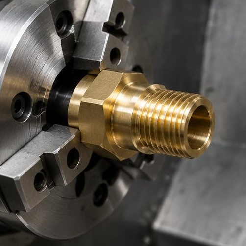 Brass threaded fitting in a turning chuck — illustrative machining image