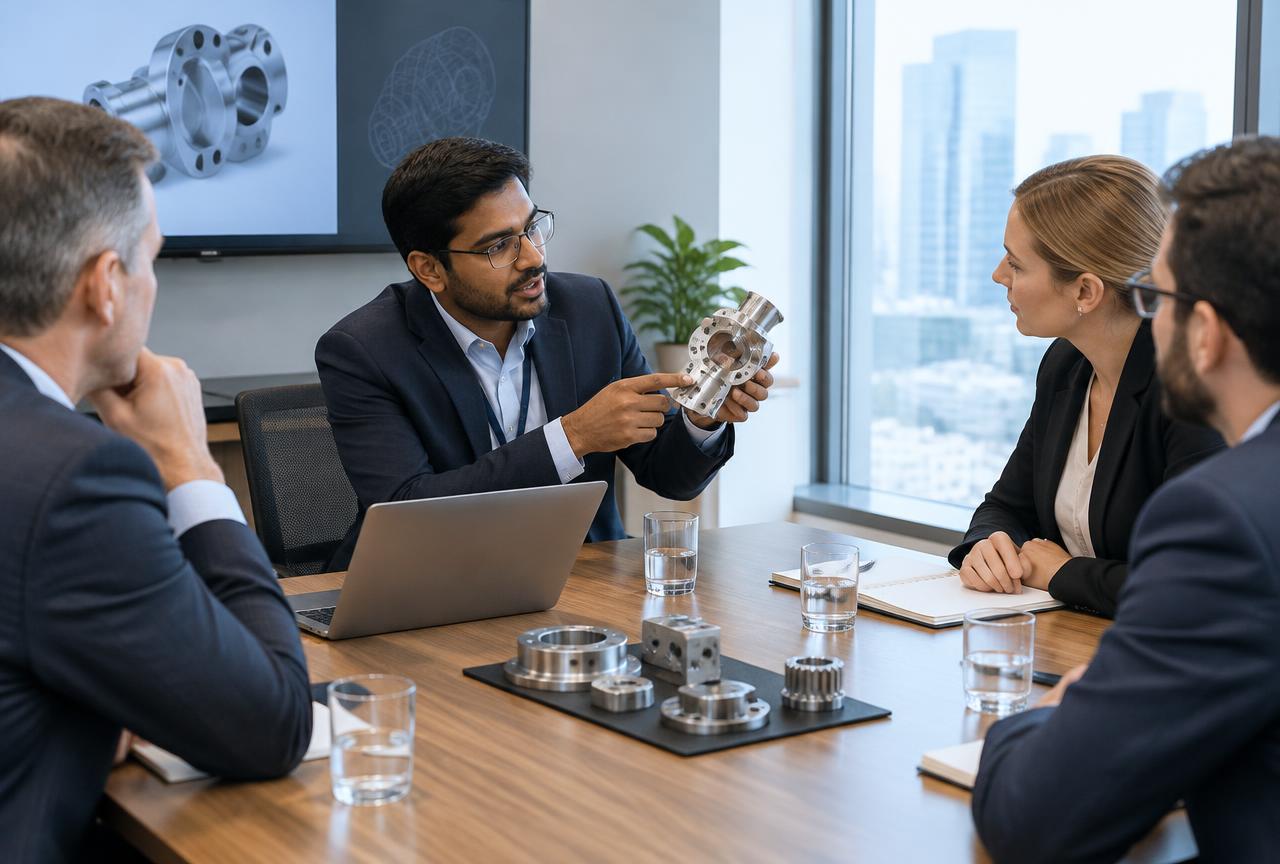 Indian manufacturer presenting machined part samples to international buyers