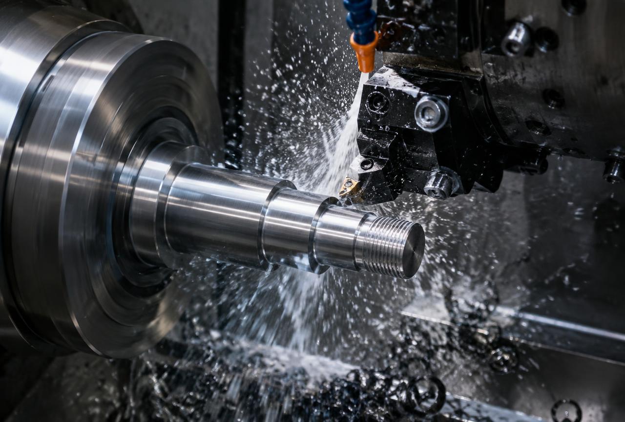 CNC turning of a stainless steel shaft by an Indian precision machining exporter
