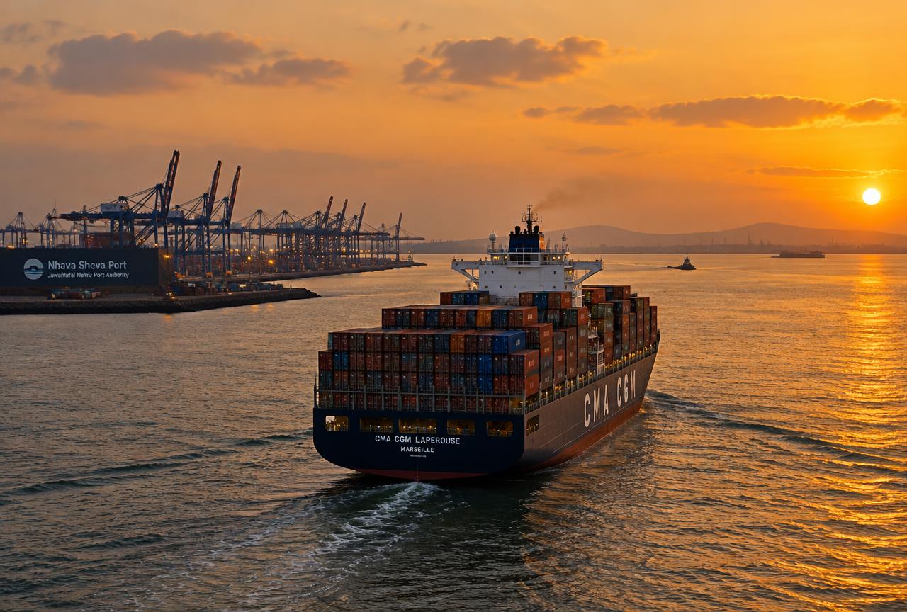 Container ship leaving Nhava Sheva port carrying machined component exports from India