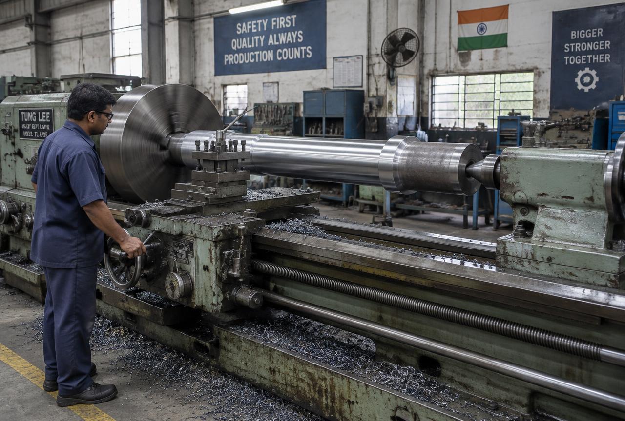 Large diameter shaft turning on a heavy-duty lathe in an Indian machine shop
