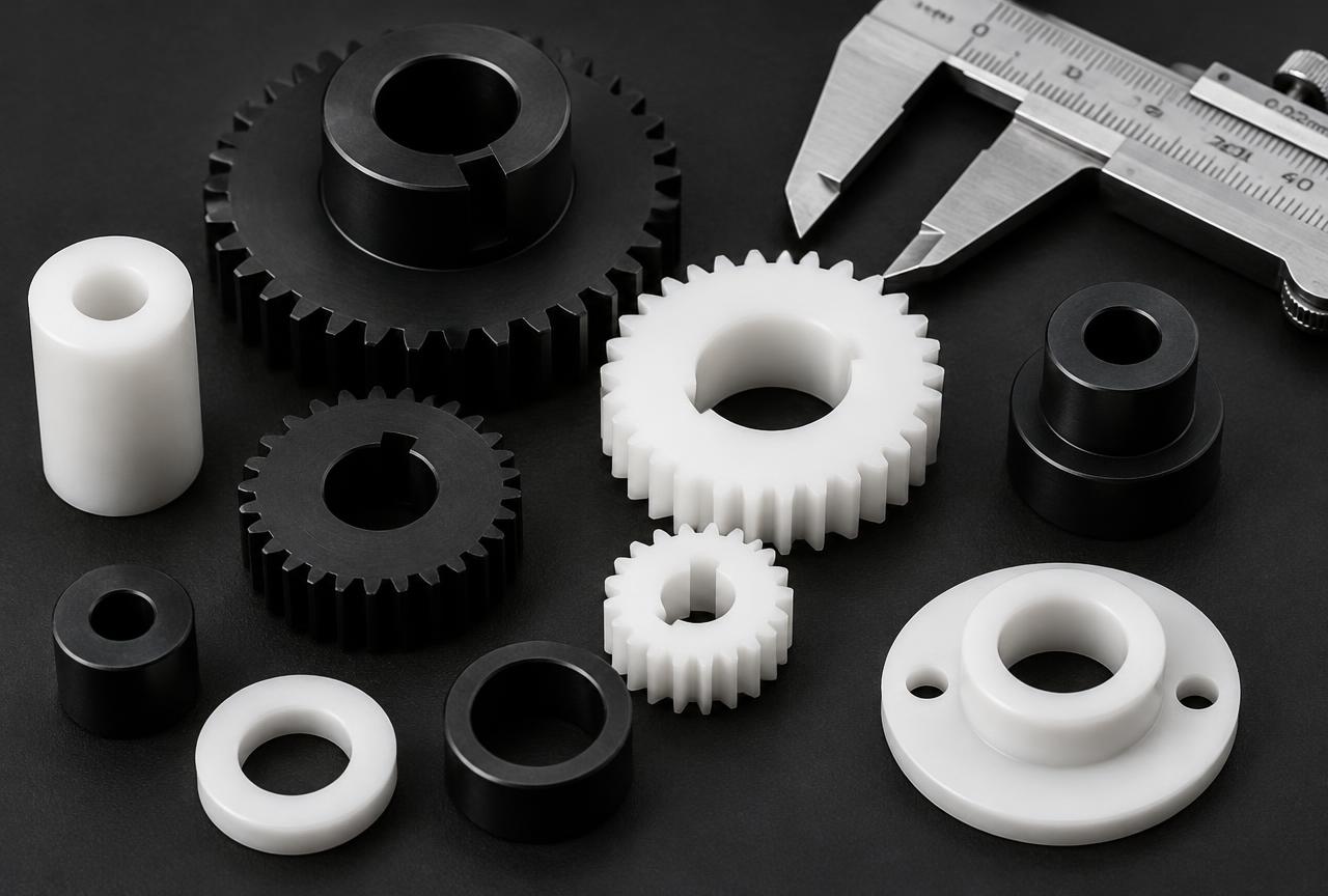 Delrin acetal machined gears and spacers, custom Delrin parts exporter India