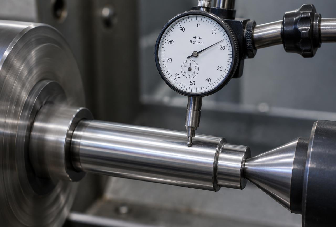 Dial test indicator checking shaft runout, tight tolerance machining India