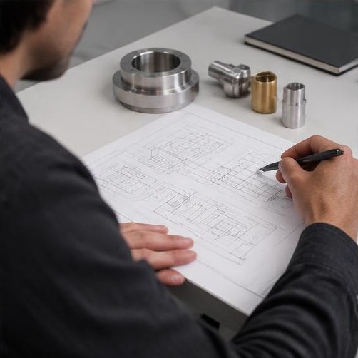 Drawing review alongside part samples — illustrative machining image