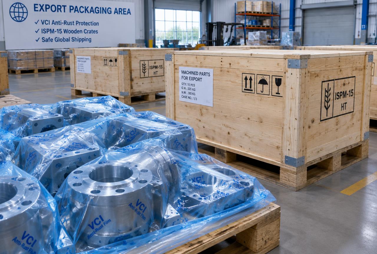 Export-ready packaging of machined parts in VCI film and ISPM-15 wooden crates, India