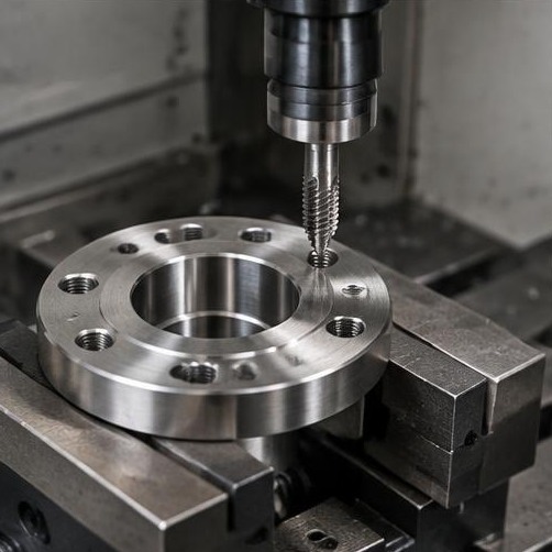 Tapping bolt holes in a steel flange — illustrative machining image