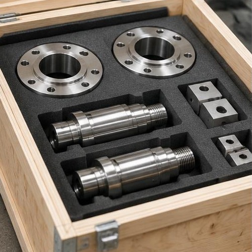 Machined parts separated in export foam packaging — illustrative machining image
