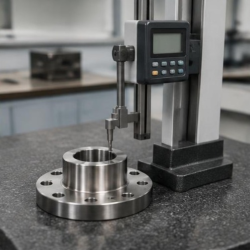 Height gauge inspection on a surface plate — illustrative machining image