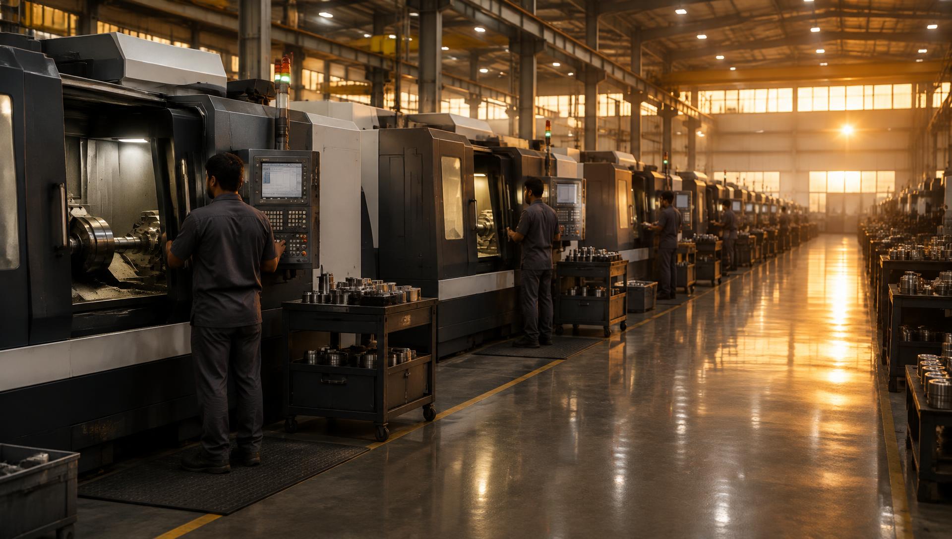 ISO 9001 precision CNC machining factory in India with rows of CNC turning centres
