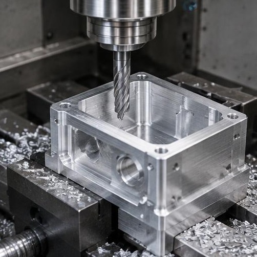 Three-axis milling of an aluminium housing — illustrative machining image