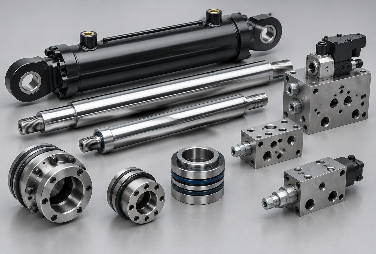 Hydraulic piston rods, glands and valve blocks, hydraulic components manufacturer India
