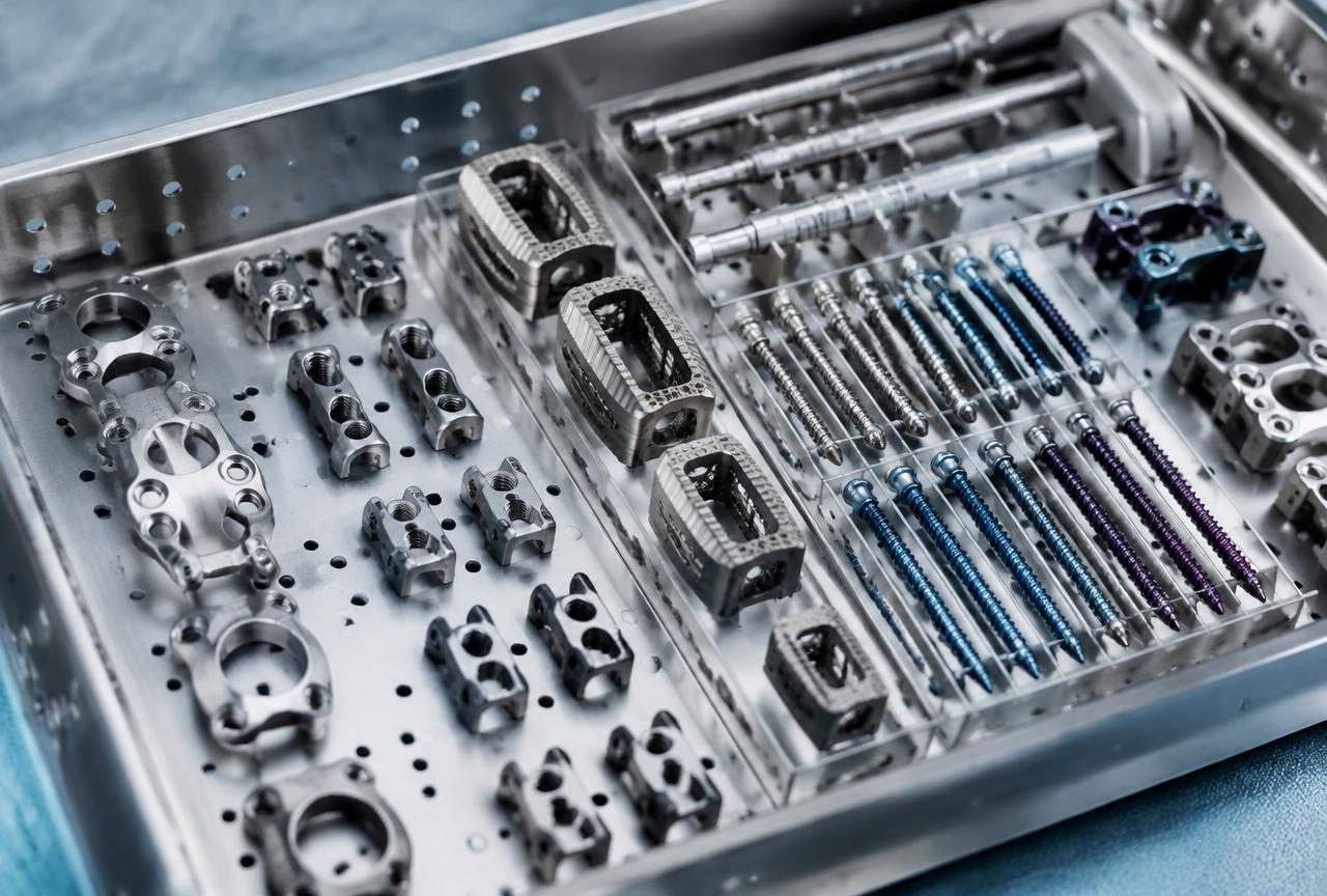Precision machined titanium medical device parts in a tray
