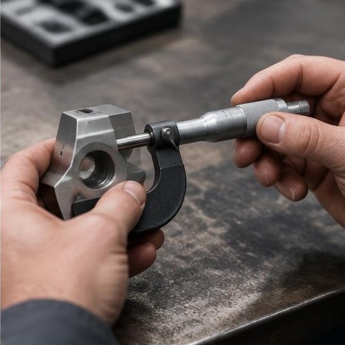 Micrometer measuring a machined component — illustrative machining image