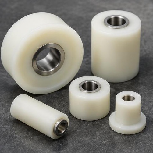 Nylon machined rollers and bushings — illustrative machining image