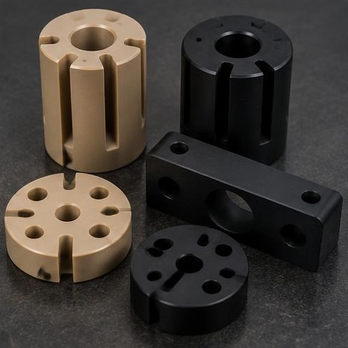 PEEK and Delrin electrical insulators — illustrative machining image