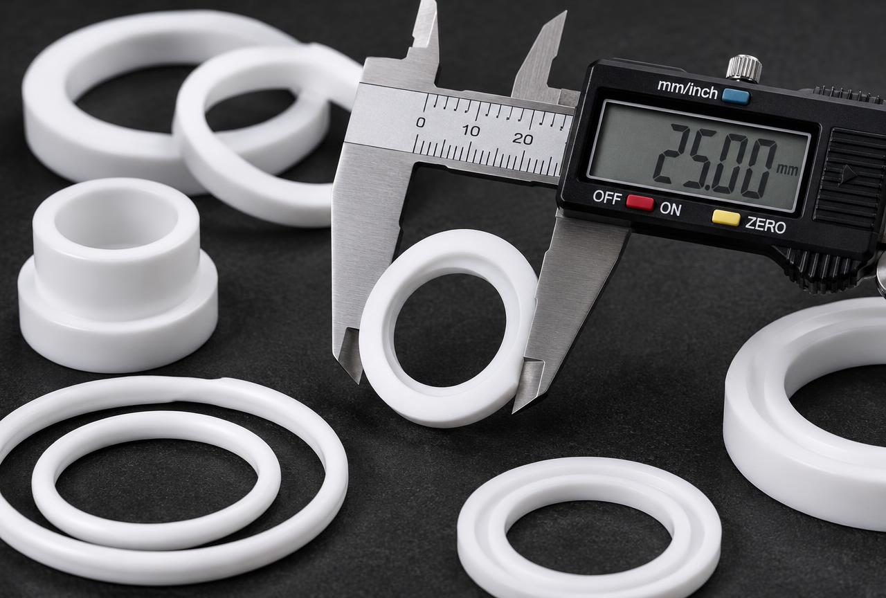PTFE machined seals and rings measured with a digital caliper, PTFE machining supplier India