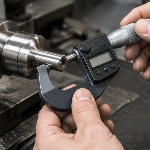 Micrometer inspection of a shaft shoulder — illustrative machining image
