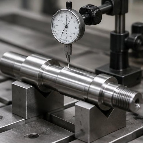 Dial indicator checking shaft runout — illustrative machining image