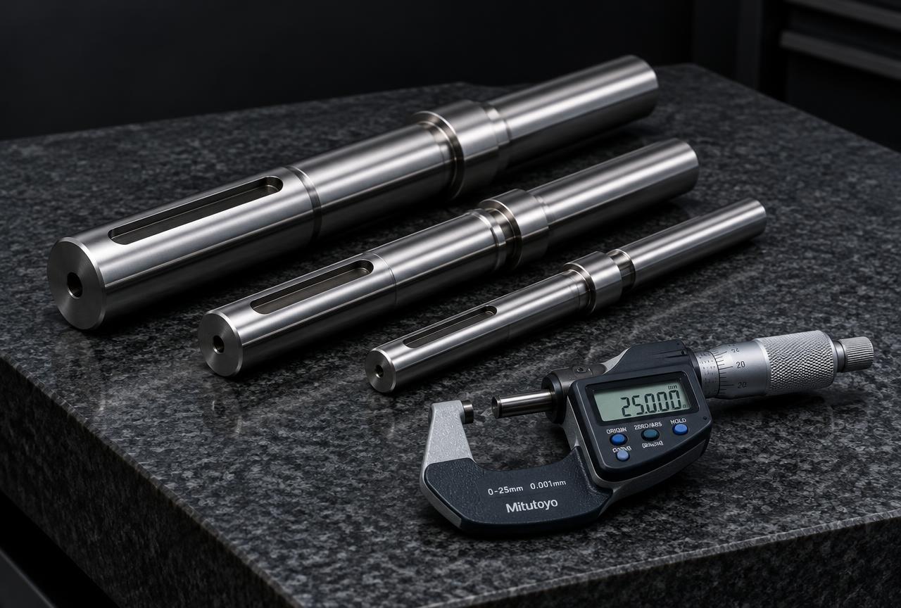 ISO 9001 precision CNC machined shafts measured with a Mitutoyo micrometer, shaft exporter India
