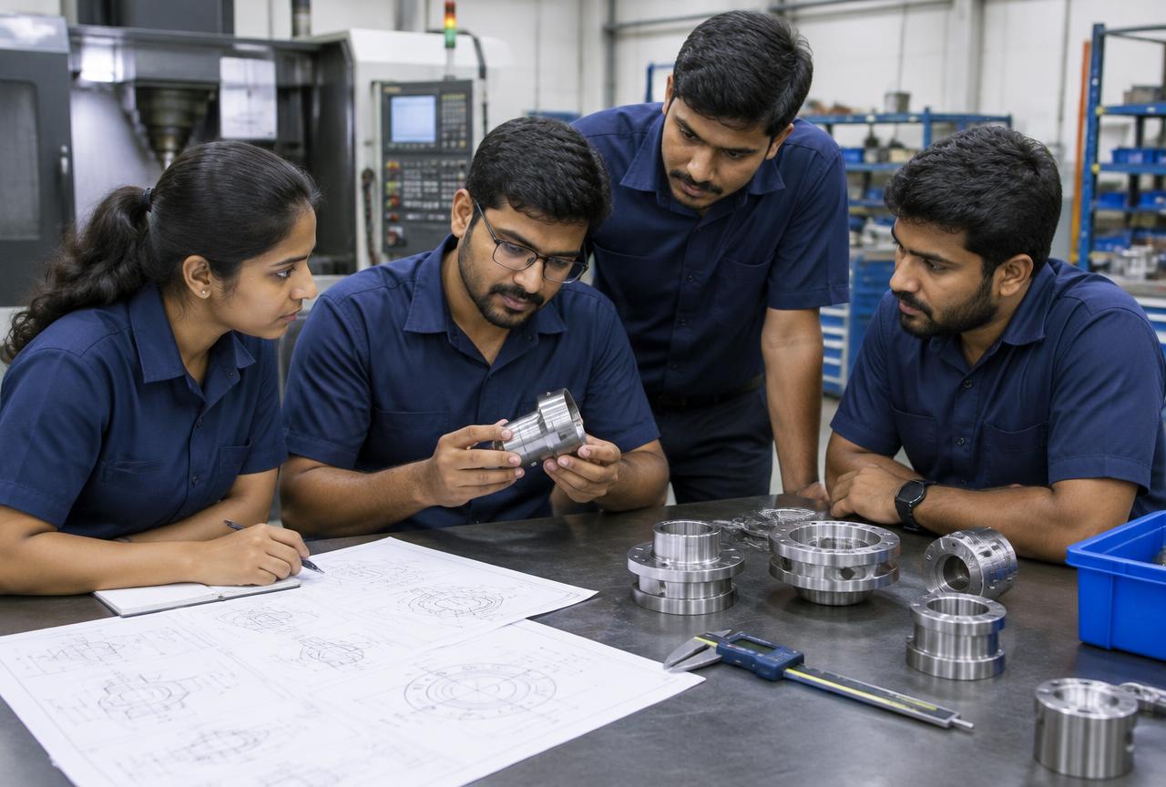 Indian engineers inspecting CNC machined components against drawings