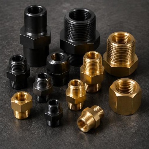 Custom threaded metal fittings — illustrative machining image