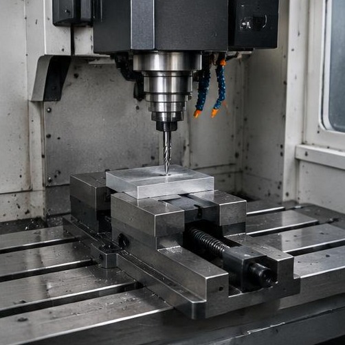 Three-axis VMC table and vise — illustrative machining image