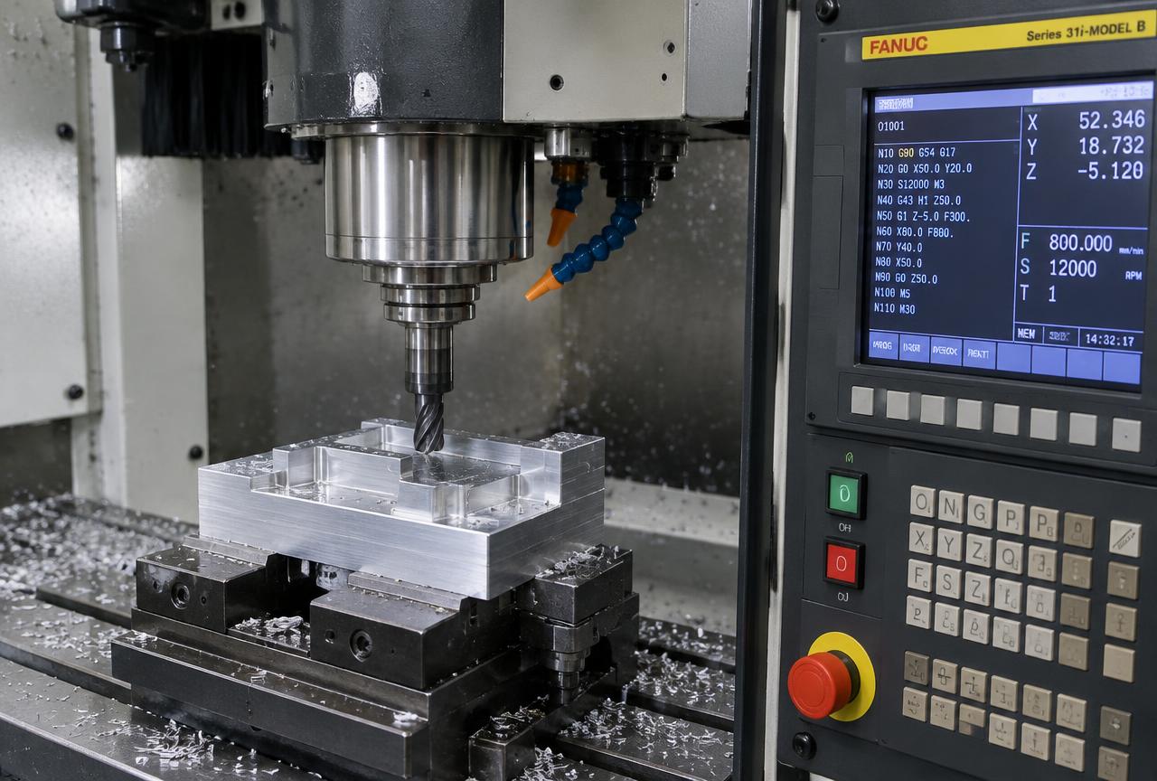 VMC machining an aluminium block on a FANUC-controlled vertical machining centre in India