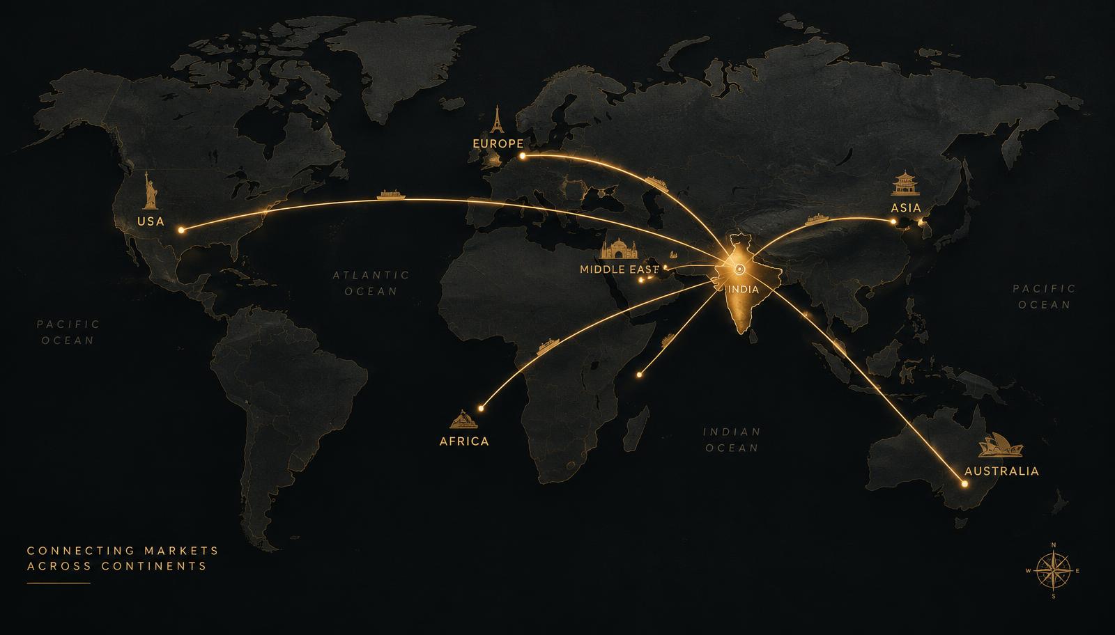 World map of shipping routes from India to USA, Europe, Middle East, Asia and Australia